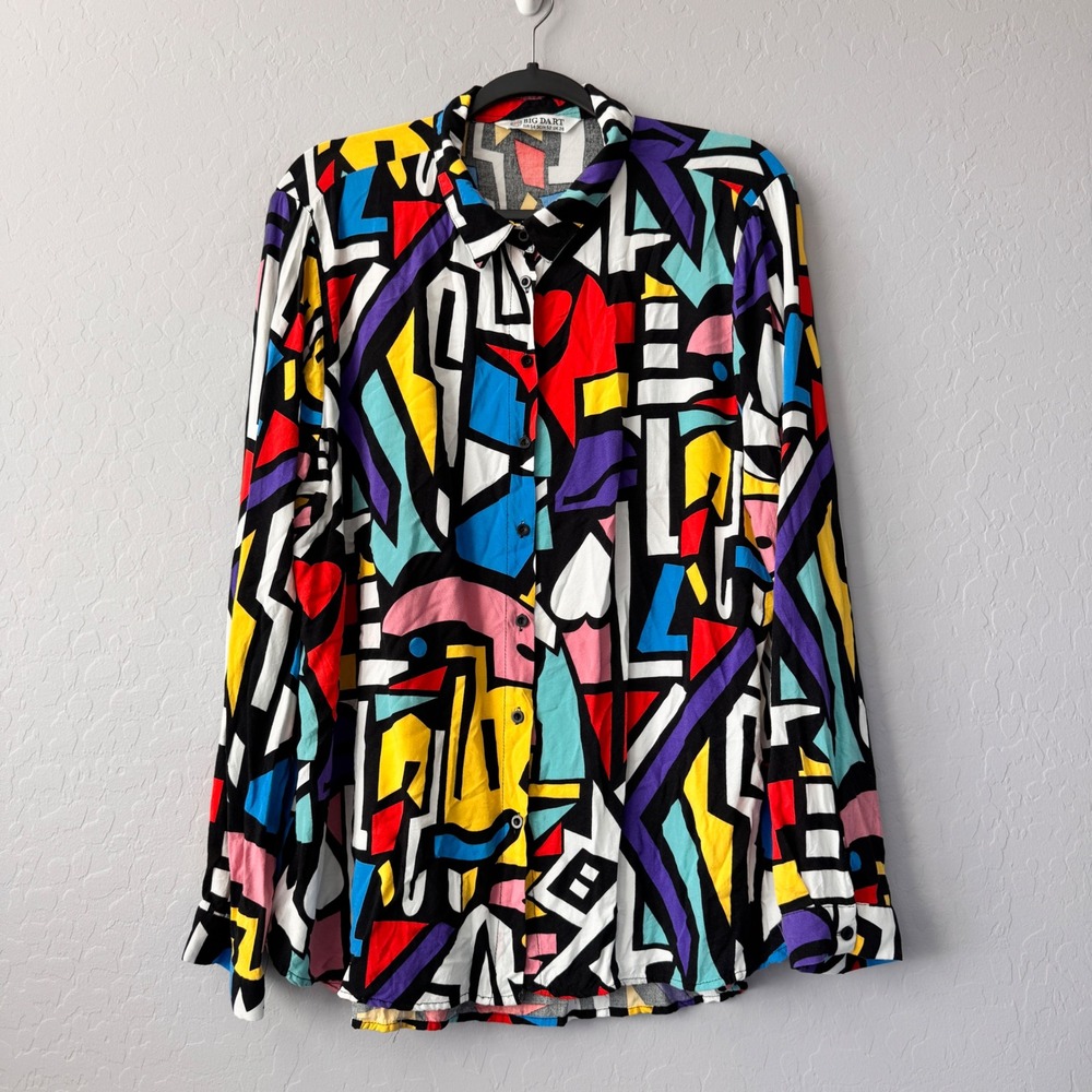 Big Dart Vintage Abstract Art Long Sleeve Button Up Shirt Menswear US 44 Large